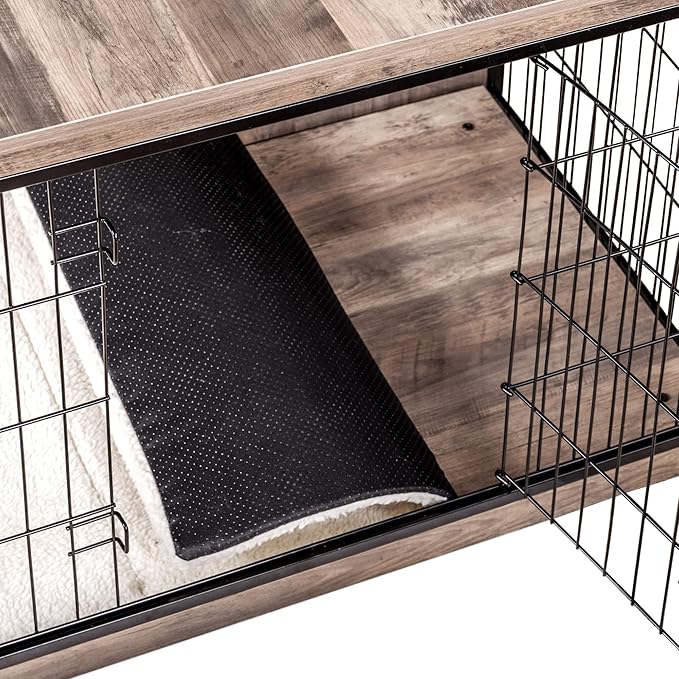 DWANTON Dog Crate Furniture with Cushion, Wooden Dog Crate with Double Doors, Dog Furniture, Indoor Dog Kennel,End Table, Medium, 32.5" L, Greige