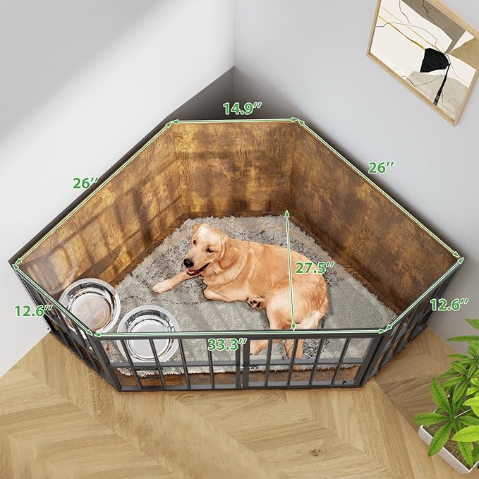 Large Dog Crate Furniture, 53โ Heavy Duty Corner Dog Crate with 2 Stainless Steel Bowls, Dog Kennel Furniture Style House, Wooden Decorative Pet House End Side Table, Chew-Resistant, Rustic