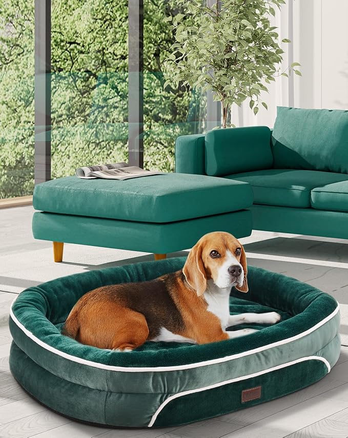 OhGeni Orthopedic Dog Bed for Large Dogs, Dog Couch Design with Egg Foam Support, Removable, Machine Washable Plush Cover and Non-Slip Bottom with Four Sided Bolster Cushion (Dark Green)