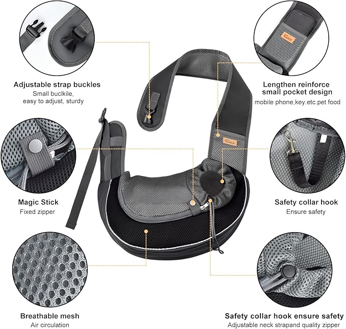 Cuby Pet Sling Carrier for Small Dogs Cats,Drawstring & Zipper Security Hook Triple Designs for Pets' Securty,Breathable Mesh Travel pet Dog Sling Carrier with Adjustable Shoulder Strap (S Black)