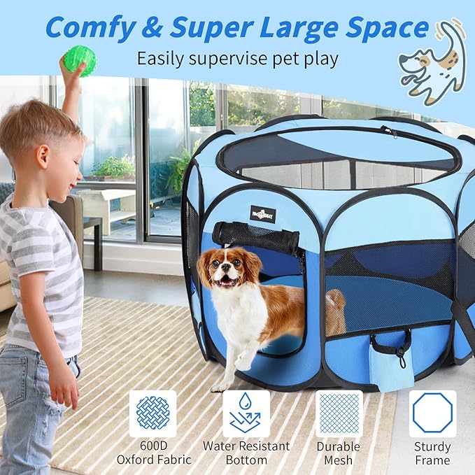 Foldable Pet Cat Playpen, Portable Pet Dog Playp en for Small Dog Cat, Puppy Kitten Pen with Free Carrying Case & Waterproof Pad, Pop up Pet Playpen for Indoor Outdoor Use