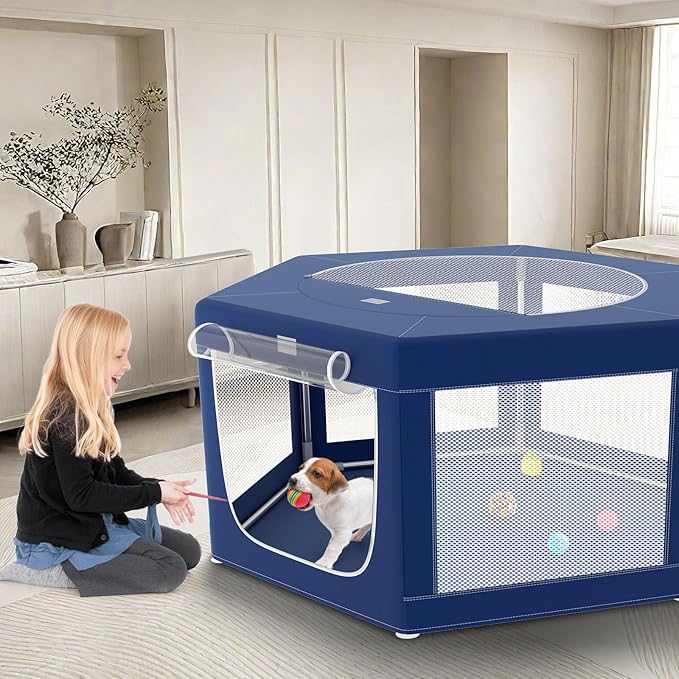 Hexagonal Dog playpen, 45Inch Soft Puppy Playpen with 600D Oxford Fabric, Stable Structure with Thickend Stainless Steel Tubes, 25.6 Inch Height Pet Playpen for Small Dogs and Small Animals
