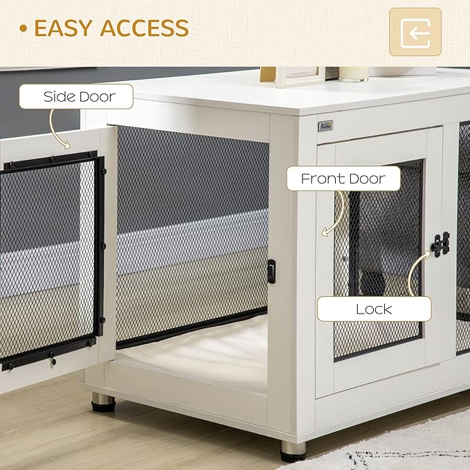 PawHut Dog Crate Furniture, 37" Dog Kennel Furniture with Water-Resistant Cushion, Double Doors for Large Dogs, Dog Crate End Table for Indoor Use, White