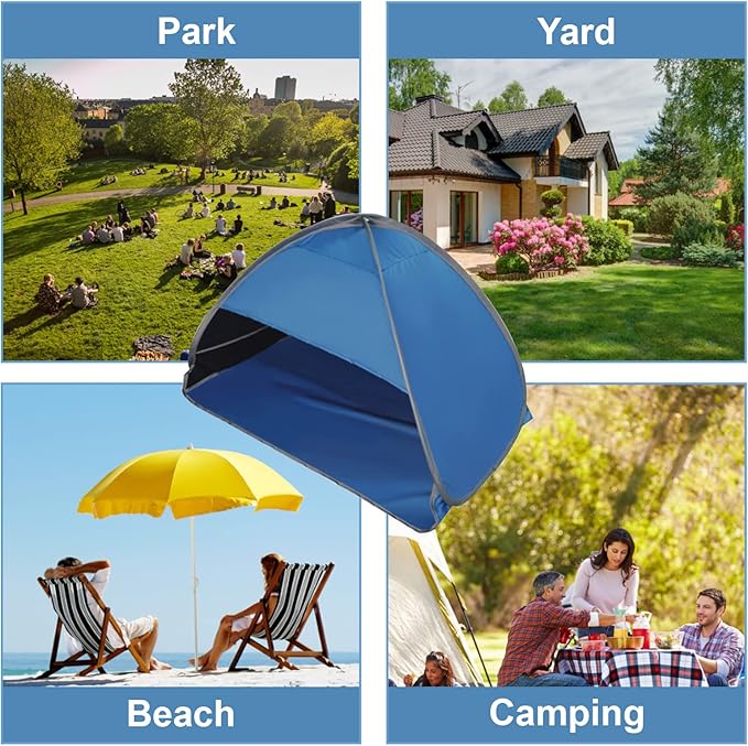 Pop Up Beach Sun Tent, 1 Pack Foldable Pop Up Beach Tent Sun Shelter for Anti-UV Windproof Face Head Shade Protection Tent for Outdoors Camping Picnic Beach, Black Glue Blue L