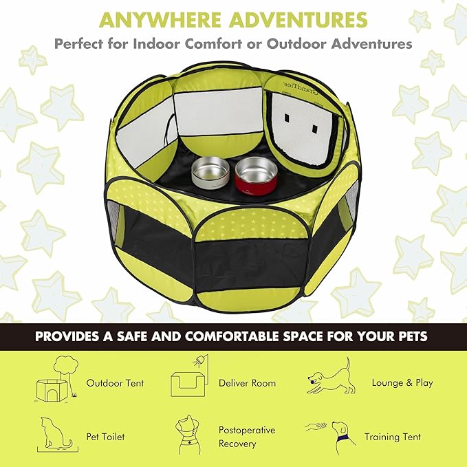 GrandTies Waterproof Dog & Cat Playpen – Foldable Pet Tent for Indoor & Outdoor, Pop-Up Kennel for Puppies, Kittens & Rabbits – Portable Travel Crate with Carrying Case (Spring Sprout, Large)