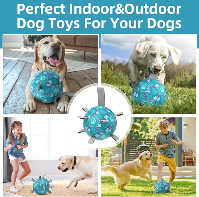 QDAN Dog Toys Soccer Ball with Straps - Durable Dog Balls for Extra Large Dogs, Beach Pool Dog Water Toy, Dog Tug Toys for Tug of War, Puppy Dog Birthday Gifts, Herding Balls for Dog, Blue (9 Inch)