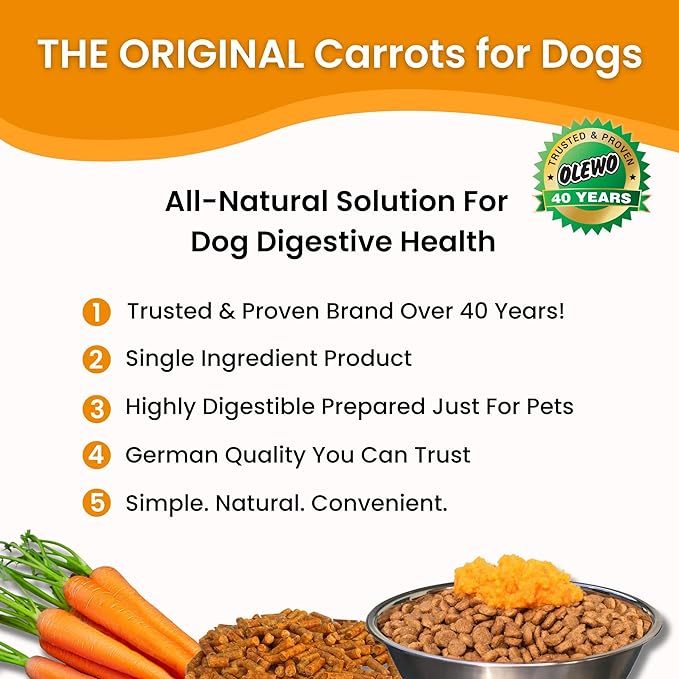 Olewo Original Carrots for Dogs – Fiber for Perfect Poop, Dehydrated Dog Food Toppers for Picky Eaters, Natural Skin & Coat Support, Multivitamin, Probiotics for Digestive & Gut Health, 1 lb