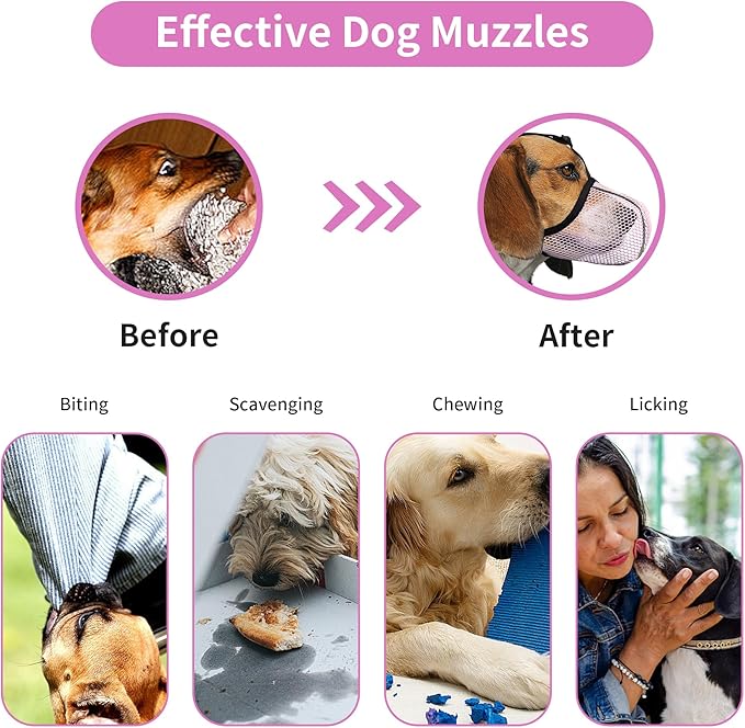 Pink Dog Muzzle, Breathable Soft Muzzle for Large Dogs to Anti & Prevent Barking Biting Chewing, Reflective & Adjustable Basket Muzzle with Air Mesh for Doberman Pink XL