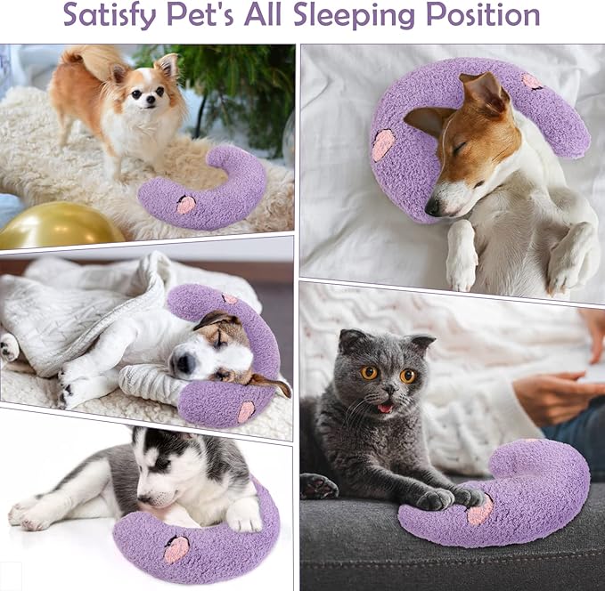 T'CHAQUE Dog Pillow Bed, Cat Calming Pillow, Dog Neck Pillow for Joint Relief Sleeping, Ultra Soft Half Donut Cuddler, Pillow Pet for Upper Spine Support, Doggy/Kitten Pillow Training Toy,Purple