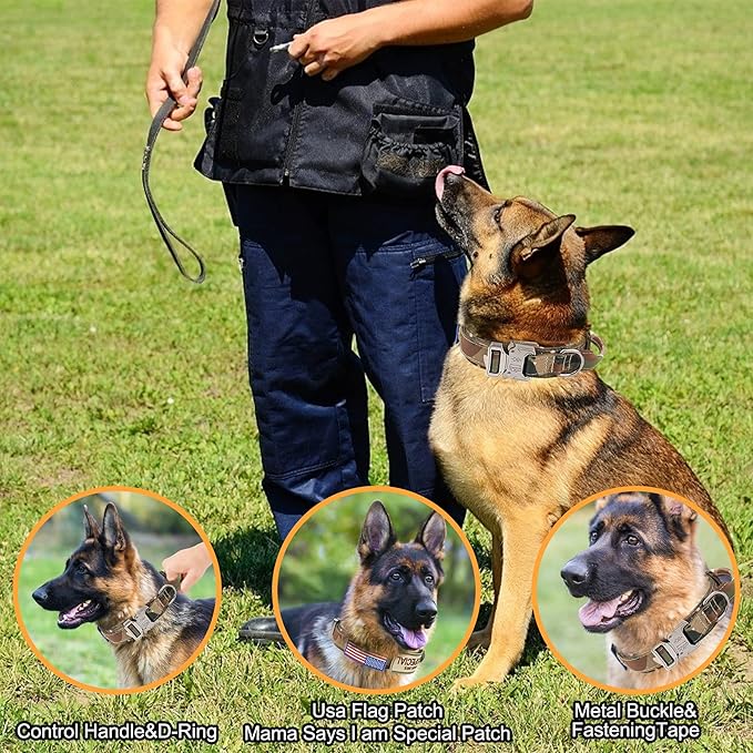 KCUCOP Tactical Dog Collar - Heavy Duty Dog Collar with Handle and Metal Buckle, Military Thick Dog Collars for Medium and Large Dogs(Upgrade Camo-M, 2 Patches)