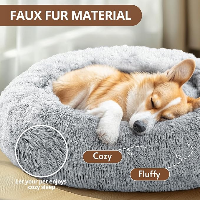 JOLLYVOGUE Donut Dog Bed for Large Dogs, Anti-Anxiety Washable Round Large Pet Bed, Calming Donut Dog Bed for Sleeping, Fluffy Dog Beds for Large Dogs, Round Bed for Indoor Pet (36"/Smoke Gray