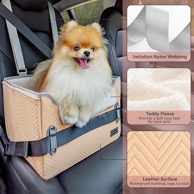 PETSFIT Cat Car Seat, Waterproof PU Leather Dog Booster Car Seat with Patented Safe Buckles, Clip-On Leash, Pet Travel Carrier Bed for Small Pets Up to 25lbs (Orange)