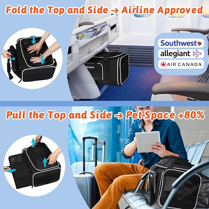 Petskd Top and Side Expandable Pet Carrier 18x13x9.5 Inches Southwest Allegiant Airline Approved, Soft-Sided Carrier for Small Cats and Dogs with Locking Safety Zippers and Anti-Scratch Mesh(Black)
