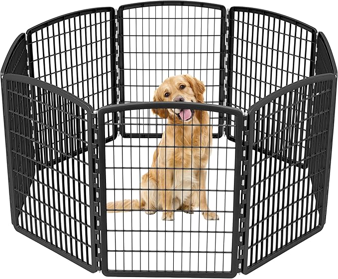 IRIS USA Dog Playpen, 8-Panel 34" Pet Playpen, Puppy Playpen, Indoor/Outdoor Dog Pen, 63 x 63 x 34, Foldable, Customizable, Black