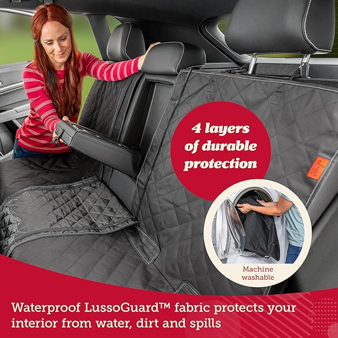 Lusso Gear Dog Car Seat Cover for Back Seat - Non-Slip Black Cover Stays Securely, Fits Your Car, Truck, & SUV, Pack with Leash/Bowl - Waterproof Dog Seat Cover for Back Seat