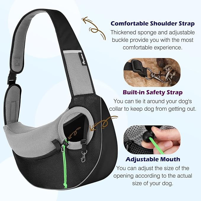 Pawaboo Pet Dog Sling Carrier, Hand Free Drawstring Dog Papoose with Adjustable Strap, Breathable Mesh Bag for Puppy Cat, Crossbody Satchel Dog Purse with Pocket for Outdoor Travel, Black, Small