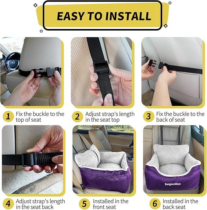 BurgeonNest Dog Car Seat for Small Dogs, Fully Detachable and Washable Carseats Under 25, Soft Booster Seats with Storage Pockets Clip-On Leash Portable Travel Carrier Bed Purple (dbs-p)