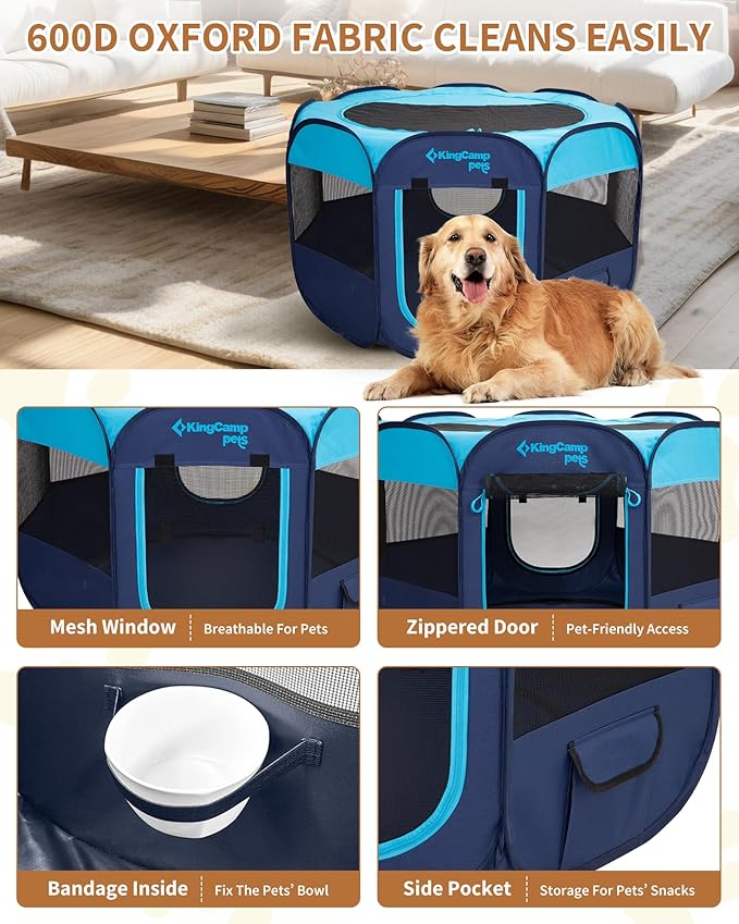 KingCamp Dog Playpen, Portable Foldable Cat Kitten Puppy Tent Crates 29"/36"/50" Pop Up Pet Playpen with Zippered Bottom & Cover for Indoor Outdoor Use (Medium, Blue)