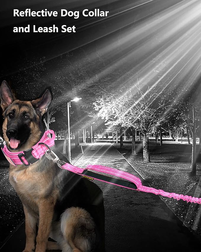 AUBELL Tactical Dog Collar and Leash Set, Adjustable Military Nylon Reflective Dog Leash and Collar with Handle and Heavy Metal Buckle for Medium Large Dogs, with Airtag Holder and 2 Patches(Pink, L)