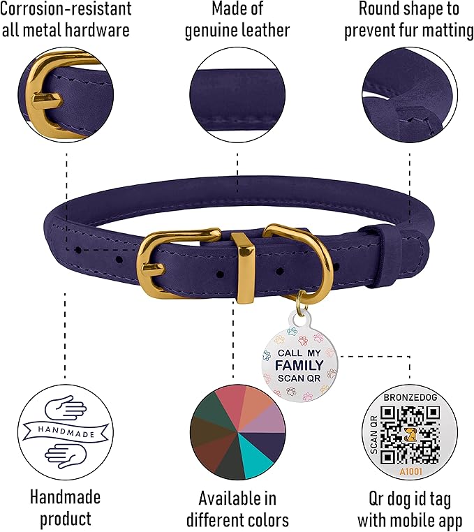 BRONZEDOG Rolled Leather Dog Collar with QR ID Tag Adjustable Soft Round Collars for Small Medium Large Dogs Puppy Cat (9" - 11" Neck Size, Violet)