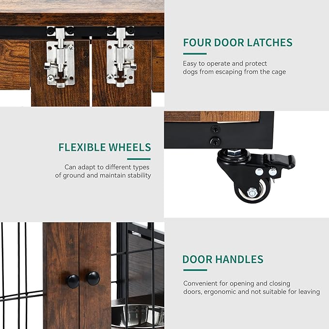 YITAHOME Dog Kennel Furniture with Feeder Bowls, 38.1" Dog Kennel End Table with Wheels and Flip Top, Furniture Style Dog Crate for Medium/Large Dogs, Brown