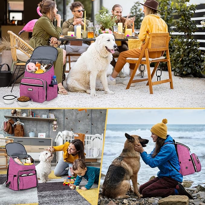 BAGLHER Travel Dog Backpack - Detachable Travel Dog Food Container for Pet Supplies Dog Gear Backpack,Dog Bag for Traveling with 2 Silicone Collapsible Bowls and 2 Food Baskets Pink