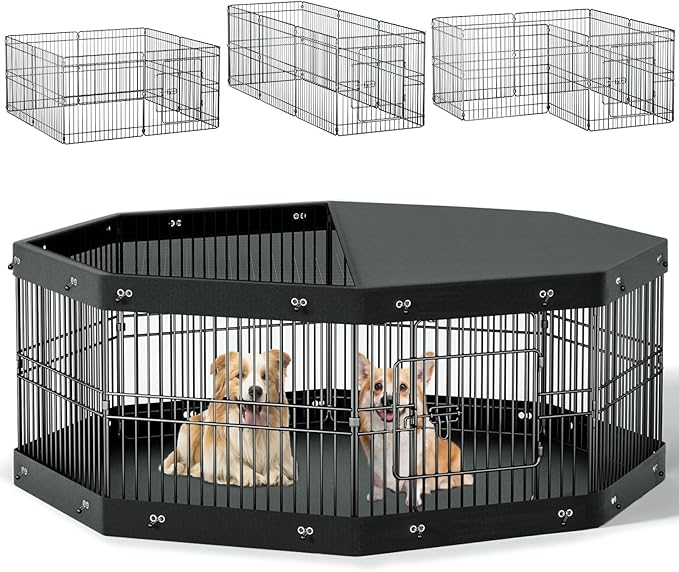 24’’H Dog Playpen, 8 Panels Dog Pens with Bottom Pad, Metal Foldable Pet Puppy Exercise Fence Crate Kennel, Indoor Outdoor Escape Proof Pen for Small Medium Pets (with Bottom pad)