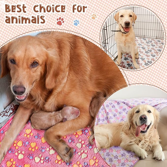 Tatuo 4 Pcs Dog Blanket Pet Puppy Blanket Puppy Teething Toys Paw Print Fleece Blanket for Pet Cat Soft Warm Sleep Mat Guinea Pig Cage Blanket(XXXX-Large(72 x 72 Inch),White, Coffee, Pink, Purple)