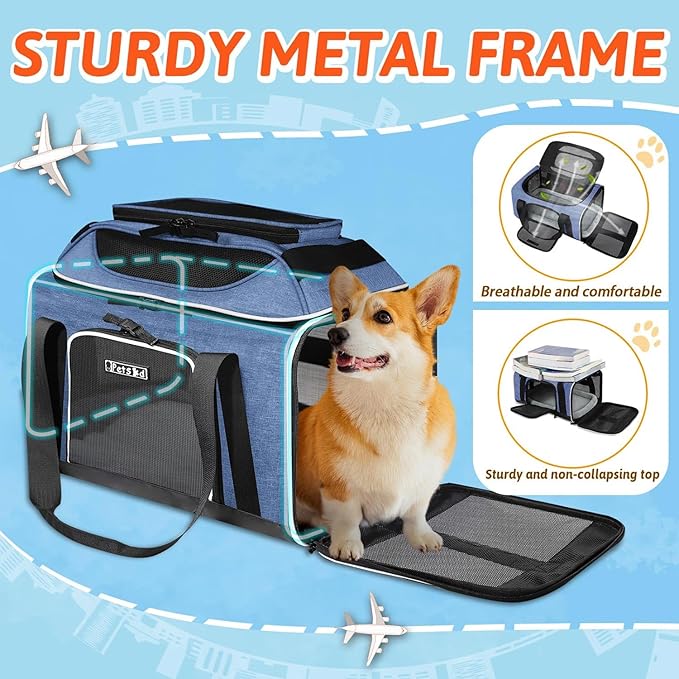 Petskd Top-Expandable Pet Carrier 18x13x9.5 Inches Southwest Allegiant Airline Approved, Soft-Sided Carrier for Small Cats and Dogs with Locking Safety Zippers and Anti-Scratch Mesh(Blue)