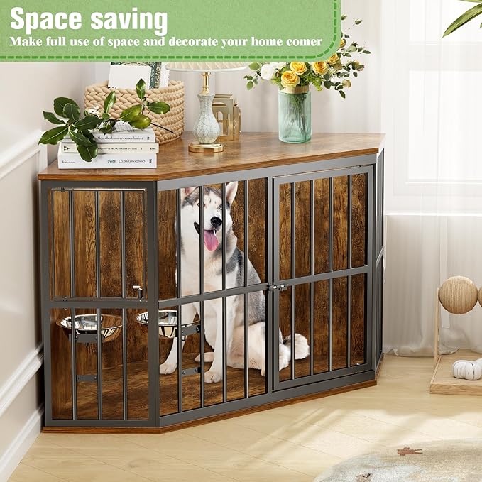 Large Dog Crate Furniture, 53โ Heavy Duty Corner Dog Crate with 2 Stainless Steel Bowls, Dog Kennel Furniture Style House, Wooden Decorative Pet House End Side Table, Chew-Resistant, Rustic