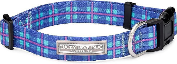 Lucky Love Dog, Blue and Violet Plaid Dog Collar, Adjustable & Comfy Collar for Boy and Girl Dog, Easy On & Off Clasp Accessory - (Medium, Scotty Collar)