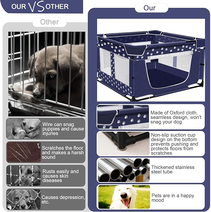 Puppy Playpen, 43.3x43.3 Inch Large Dog Play Pen for Small Pets Cats with Zipper Gate Dog Fence, Thickened Oxford Fabric Dog Playpen Indoor & Outdoor