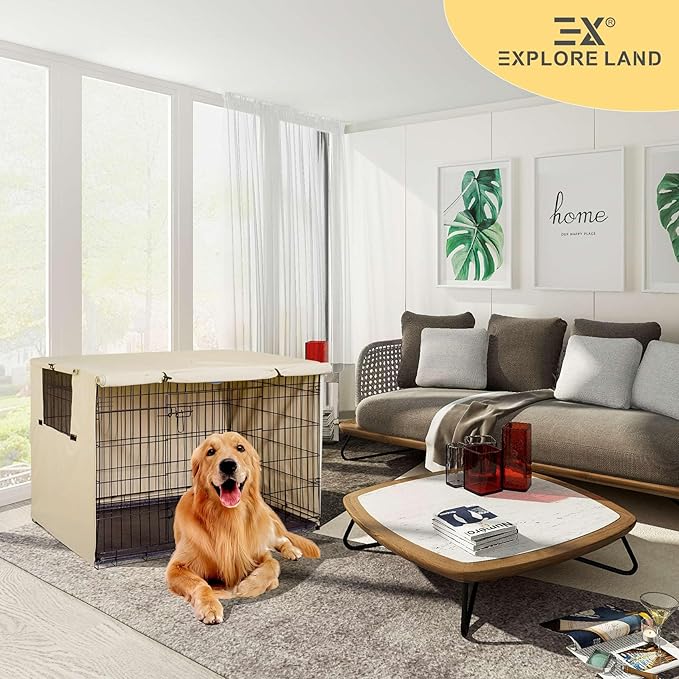 Explore Land 30 inches Dog Crate Cover Heavy Duty Polyester Pet Kennel Sunshade Universal Fit for Wire Cage (Light Tan)