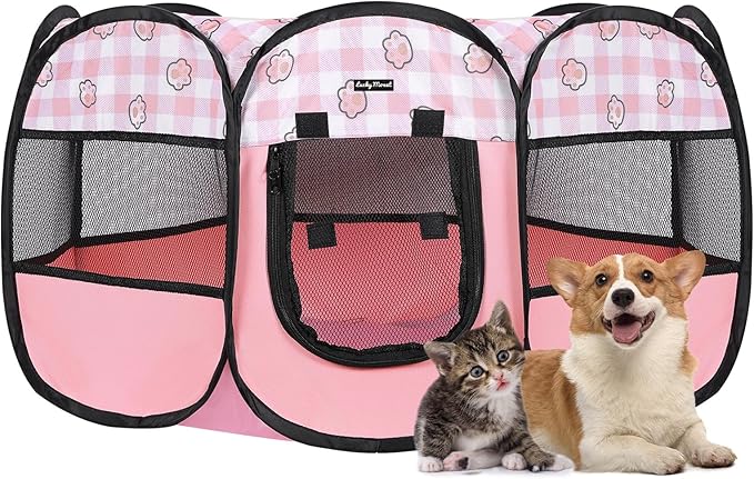 Lucky Monet Foldable Dog Playpen Cat Puppy Playpen Indoor Pop Up Pet Animal Playpen Outdoor Kennel Cage Pen Tent for Small Medium Dog Puppy Cat Kitten Rabbit - Large, Pink
