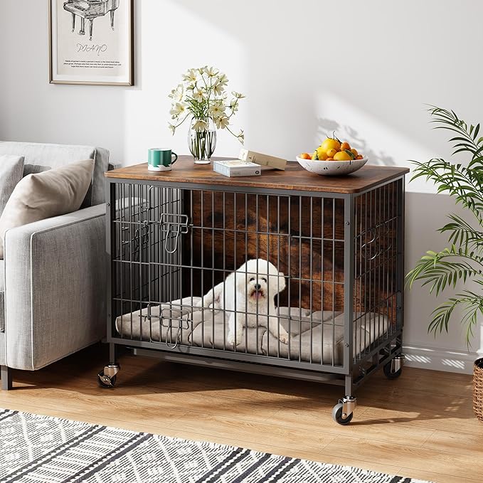 2024 Dog Crate Furniture, 38.6" Double-Doors Dogs Kennel Indoor with Removable Tray and Wheels, Wooden Dog Crates for Large Dogs, Large Dog Crate, Decorative Dog Cage End Table, Rustic Brown