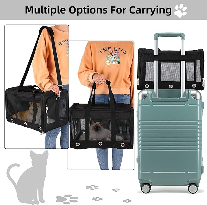 Soft Sided Cat/Dog Carrier,Collapsible Pets Travel Carriers for Pet/Puppy with Shoulder Strap & Removable Mat,Mesh Top Load Small Dogs/Cats Carry Bag Up to 17 Lbs TSA Airline Approved(Black,M)