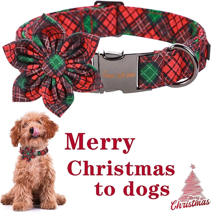 Unique style paws Christmas Dog Collar with Flower Tie Red Green Plaid Adjustable Cotton Puppy Collar for Small Medium Large Dogs-XL