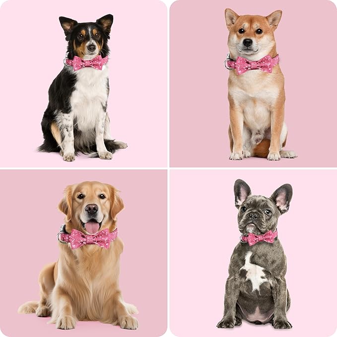 Dog Collar with Bow for Small Medium Large Dogs, Cute Bling Dog Bow Tie Collar with Metal Buckle, Soft & Durable for Large Dogs Walking (Dark Pink, L)
