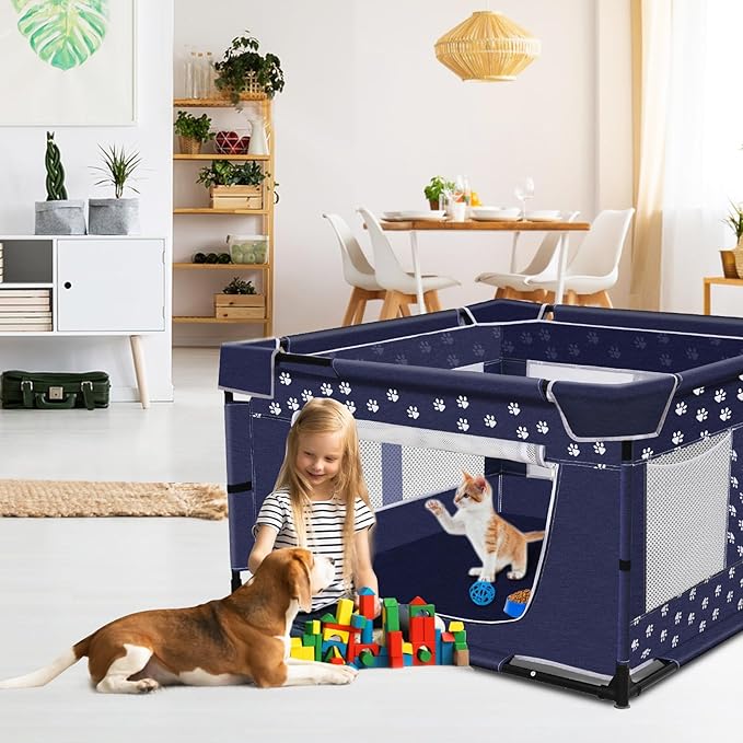 Puppy Playpen, 43.3x43.3 Inch Large Dog Play Pen for Small Pets Cats with Zipper Gate Dog Fence, Thickened Oxford Fabric Dog Playpen Indoor & Outdoor