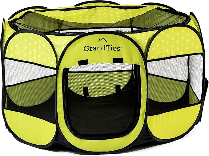 GrandTies Waterproof Dog & Cat Playpen – Foldable Pet Tent for Indoor & Outdoor, Pop-Up Kennel for Puppies, Kittens & Rabbits – Portable Travel Crate with Carrying Case (Spring Sprout, Large)