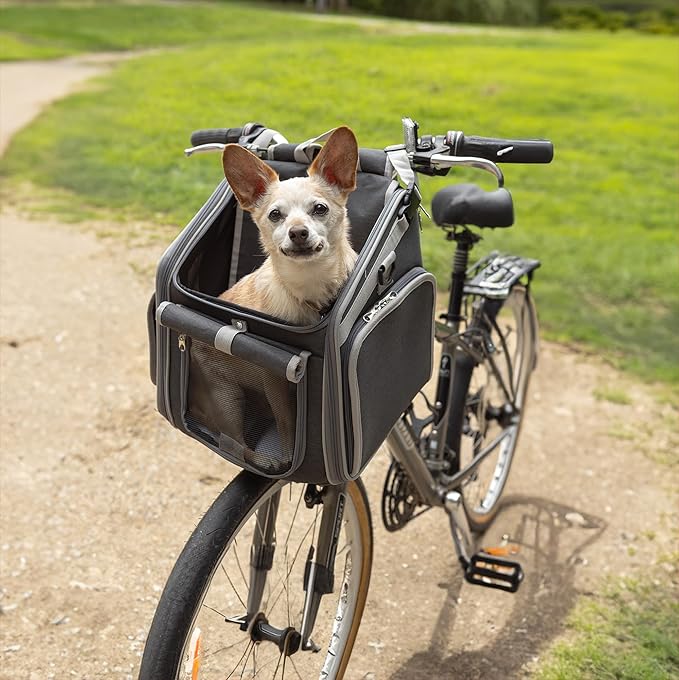 Dog Bike Basket, Mesh Windows, 2 Safety Leashes, Soft Sided, Safe Comfortable Pet Carrier for Small Dogs, Cats (Grey)
