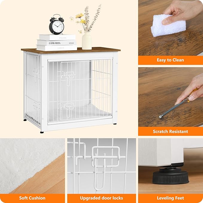 DWANTON Dog Crate Furniture with Cushion, Wooden Dog Crate with Double Doors, Dog Furniture, Dog Kennel Indoor for Small Dog,End Table, 27.2" L, White+Warm Brown