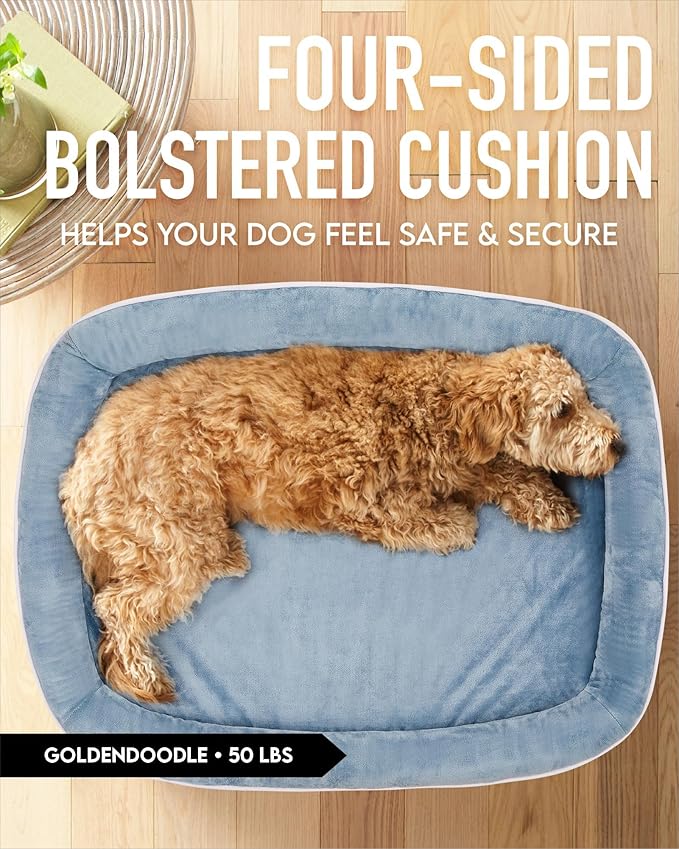 OhGeni Orthopedic Dog Bed for Extra Large Dogs, Dog Couch Design with Egg Foam Support, Removable, Washable Plush Cover and Non-Slip Bottom with Four Sided Bolster Cushion (Washed Blue)