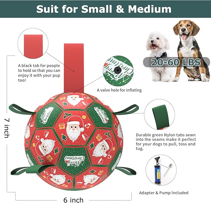 QDAN Christmas Dog Soccer Balls with Straps, Interactive Dog Toys for Tug of War, Puppy Birthday Gifts, Dog Tug Toy, Dog Water Toy, Durable Dog Balls for Small & Medium Dogs(6 Inch)