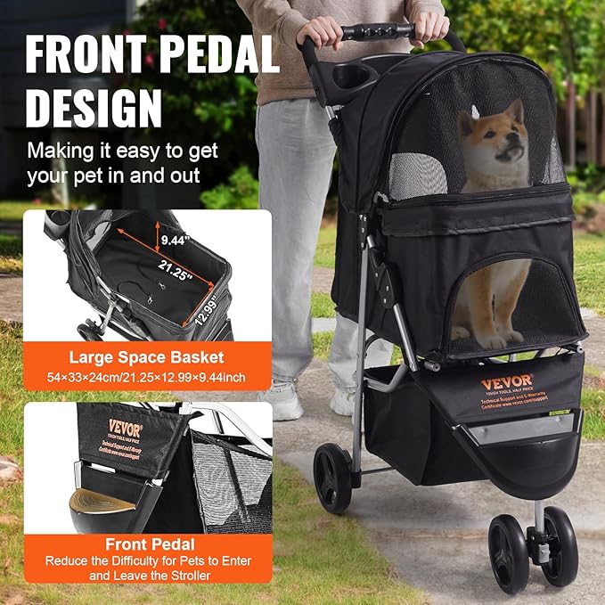 VEVOR Pet Stroller for Dogs and Cats up to 35lbs, 3 Wheels Folding Dog Cat Stroller for Medium Small Dogs, Portable Lightweigh Puppy Doggy Doggie Jogging Stroller with Storage Basket and Cup Holder
