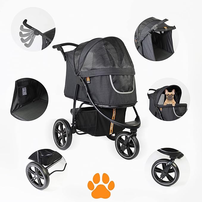 COOPER dog & pet robust buggy, jogger holds up to 32 kg / 70lbs, easy fold, multi-height adjustable soft touch handle, reflective accents, mesh inserts, zippered exits, storage basket below