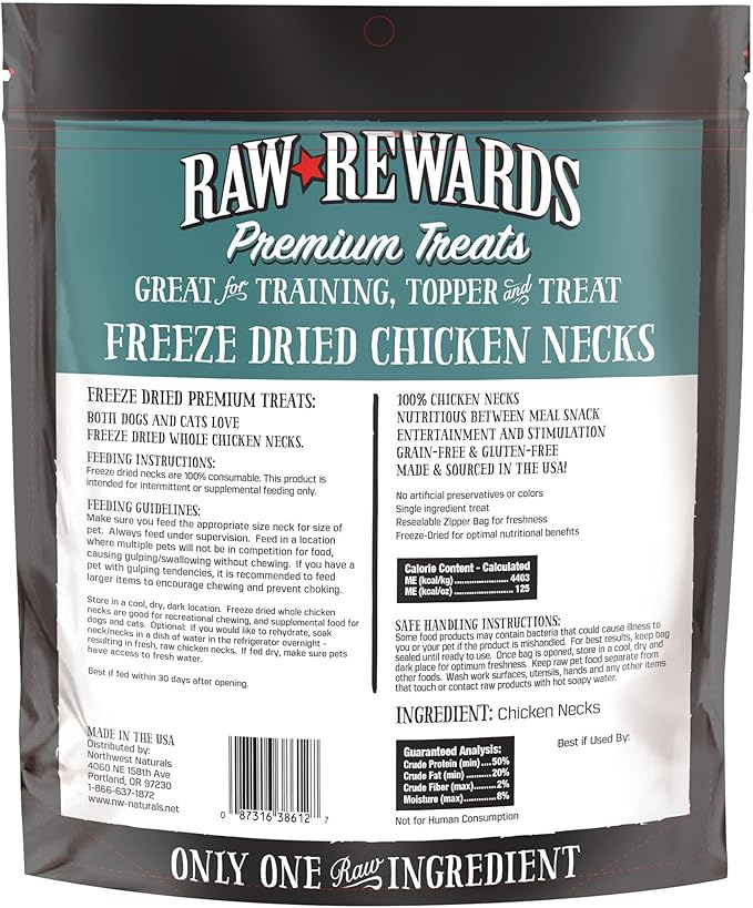 Northwest Naturals Raw Rewards Freeze-Dried Chicken Neck Treats for Dogs and Cats - Bite-Sized Pieces - Healthy, 1 Ingredient, Human Grade Pet Food, All Natural - 4 Oz (Pack of 3)