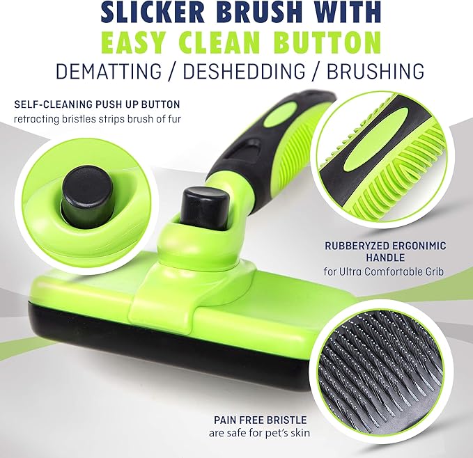 Self-Cleaning Slicker Brush - One-Click Cleaning Function - Gentle & Effective Pet Hair Remover - Dog Grooming Accessories for Small, Medium & Large Dogs and Cats