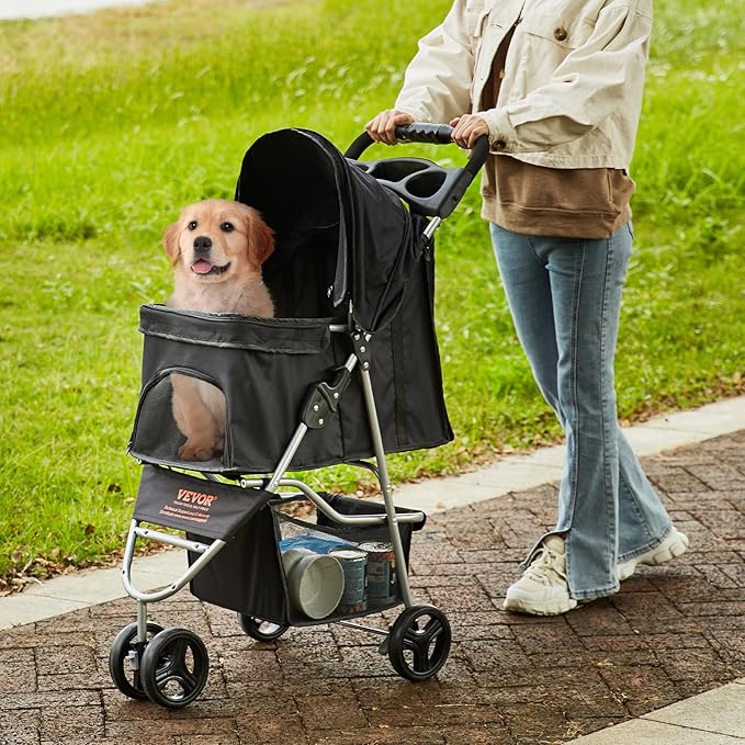 VEVOR Pet Stroller for Dogs and Cats up to 35lbs, 3 Wheels Folding Dog Cat Stroller for Medium Small Dogs, Portable Lightweigh Puppy Doggy Doggie Jogging Stroller with Storage Basket and Cup Holder