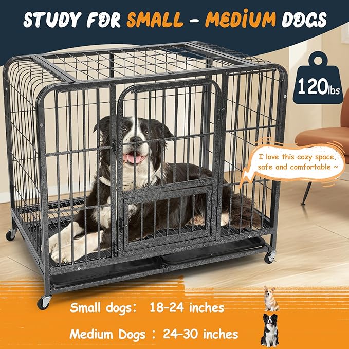 37 Inch Dog Crates for Small Medium Dogs Pets Indoor, Indestructible Enhanced Cage Kennel with 3 Doors, Lockable Wheels and Removable Tray, Heavy Duty Escape Proof Carrier, 37 x 25 x 33 Inch